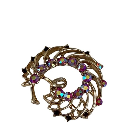 Vintage Gold Swirl Brooch AB Rhinestones Round Aurora Borealis Pin 1.75" - Picture 3 of 8